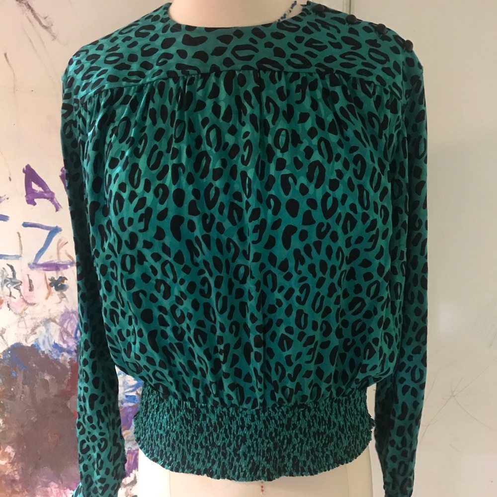 Carlisle Vintage Blue Animal Print Silk Blouse